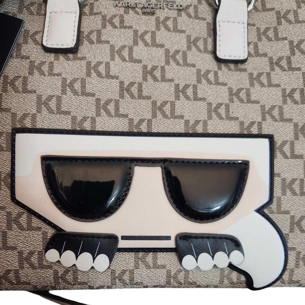 Karl Lagerfeld Leather Beige Monogrammed with White Trim Hand bag Crossbody NWT - Picture 10 of 11